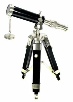 Navy Brass Telescope 10 Inch ~ Nautical Chrome With Black Wooden Tripod Stand - Image 1 of 3