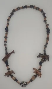 Vintage 36" geschnitzte Safari Tiere Zebra Giraffe Gepard Holz Perlen Halskette - Bild 1 von 8