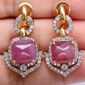 Gemstone Heated 11 x 12 MM. Red Ruby & White Zircon Earrings 925 Sterling Silver - Picture 1 of 4