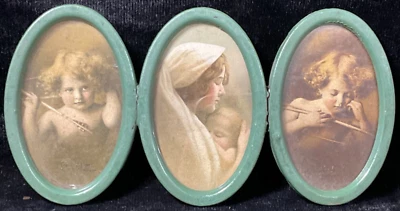 Antique triple photo frame Cupid awake cupid asleep Madonna and child - Image 1 of 4