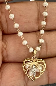 14k Yellow Gold Pearl & Diamond Necklace - 17 Inches (F4) - Picture 1 of 7