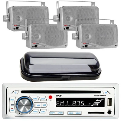 Marine Boat CD MP3 AM/FM Radio Player & Bluetooth 4 Silver Box Speakers & Cover - Image 1 of 4