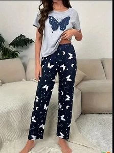 Butterfly Print Pajama Set Short Sleeve Round Neck Top & Elastic Pants Small - Picture 1 of 5