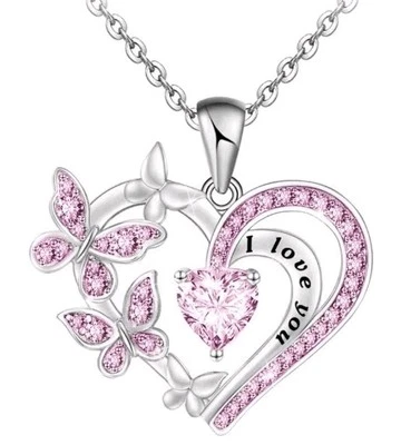 I love you butterfly heart pendant necklace pink Crystal Comes Gift Boxed A66 - Изображение 1 из 4