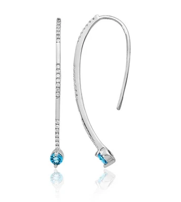 14K Solid White Gold Diamond Swiss Blue Topaz Dangle Earrings Threader - Image 1 of 4