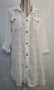 Dotti Roll Tab bianco trasparente tunica abbottonata camicia cotone abito spiaggia costiera M - Foto 1 di 7