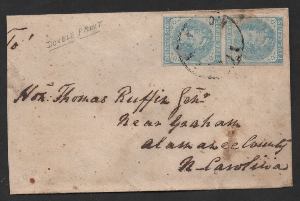 US 1862 CIVIL WAR NORTH CAROLINA COVER FRANKED IMPERF 5 CENT PAIR JEFFERSON - Image 1 of 2