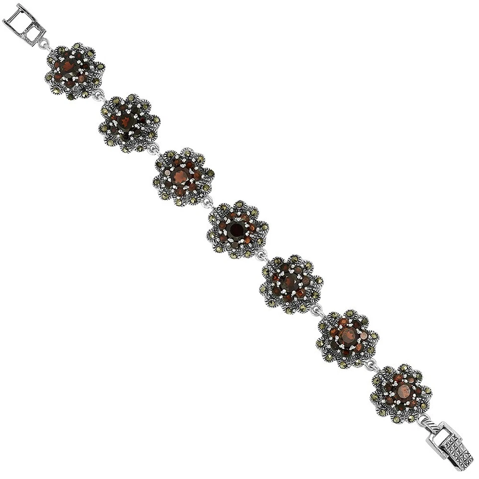 Pulsera de plata de ley 925 circonita cúbica granate floral marcasita 19 mm 7" de largo Foto 1 de 1