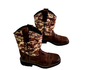 Old West Youth 12 D Brown Camo Cowboy Western Boots Boys Unisex Distressed - Picture 1 of 6
