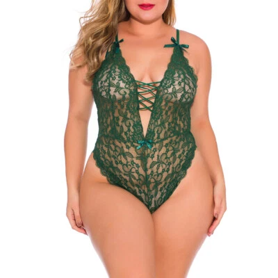 Sexy lencería de encaje de una pieza de peluche para mujer talla grande Babydoll Body Prendas para dormir Foto 1 de 4