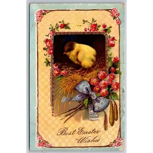 Antique Postcard Best Easter Wishes Chick Flowers Ribbon Metallic Gold Detail - Picture 1 of 2