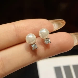 3Ct Round Cut Genuine Pearl Push Back 2 Stone Stud Earring 14K White Gold Plated - Picture 1 of 6