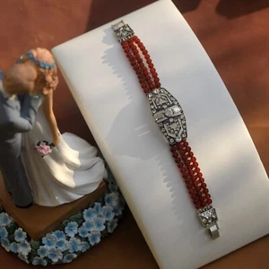 Armband Silberfarben Art Deco Strass Mehrere Reihen Perle Rote Achat QD30 - Bild 1 von 9