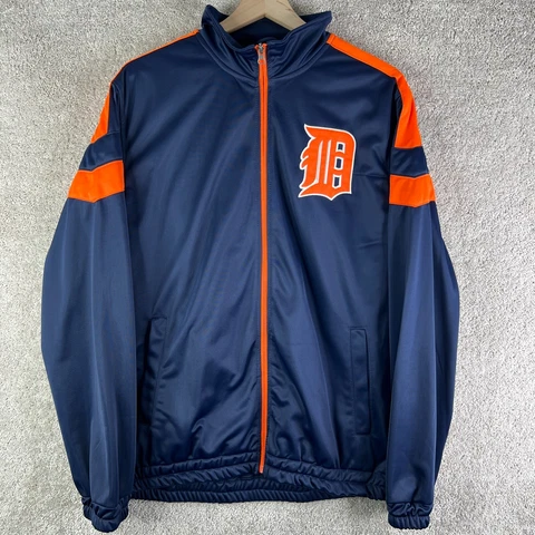 Detroit Tigers Jacket Mens Medium Blue Windbreaker Carl Banks G3 Spell Out Logo Cover