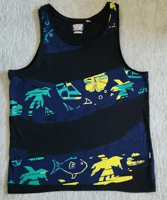 Women’s Volcom Navy-blue sleeveless Tank Top (XXL) beach/fish/floral/palm tree - Image 1 of 4