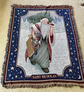 VTG American Weavers Woven Saint Nicholas Throw Blanket w/ Fringe 51" X 59" - Picture 1 of 4