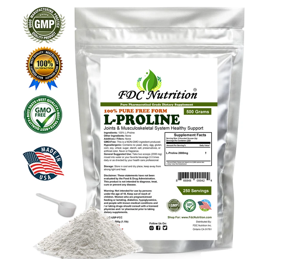 Polvo L-Prolina 17,63 OZ (1,1 lb) USP Pharmaceutical de FDC Nutrition Foto 1 de 4