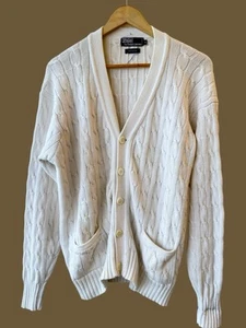 Vintage Polo Ralph Lauren Cotton Cable Cardigan Chunky Off White Cream Size M - Picture 1 of 11