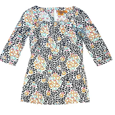 Top túnica de lino floral blanco y negro Tory Burch talla 4 Foto 1 de 4
