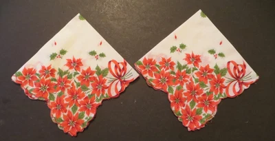 2 vintage handkerchiefs hankies Christmas poinsettia bow scalloped edge - Image 1 of 4