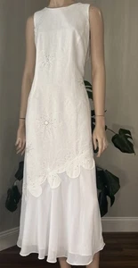 Vintage Y2K Plaza South ärmelloses weißes Leinenkleid Perlen Blumen Gr. 8 neu mit Etikett - Bild 1 von 13