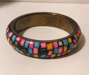 Vintage Bangle Bracelet Brass Multicolored Dyed Inlay Mosaic - Picture 1 of 4