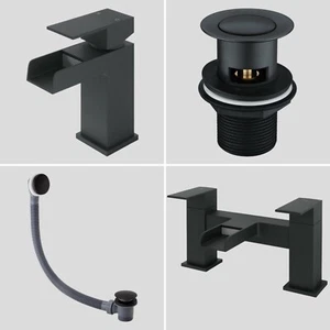 Bath Basin Black Tap Waterfall Mono Mixer Square Modern Faucet + Plug & Waste - Picture 1 of 9