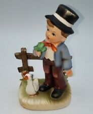Vintage Boy Figurine holding green clover with duck by the Fence, Made in Japan