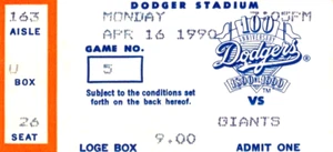 1990 Dodger Stadium Ticket Stub LA Dodgers San Francisco Giants April 16 Game 5 - Picture 1 of 2