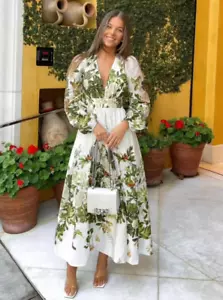 Sheike Dress Size 16 Garden of Eden Maxi Print Long Sleeve Linen Blend - Picture 1 of 11