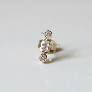 Baguette Cut Real Diamond Bar Tiny Stud Earrings  14k Yellow Gold Birthday Gift  - Picture 1 of 3