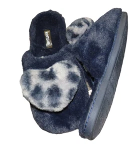 Kensie Women's Navy Leopard Puff Heart Plush Slippers Mules Cozy Size 8 - Picture 1 of 4