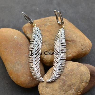 2.85 Cts Natural Pave Diamond Leaf Earrings 925 Silver 14k Gold Wedding Jewelry - Image 1 of 4