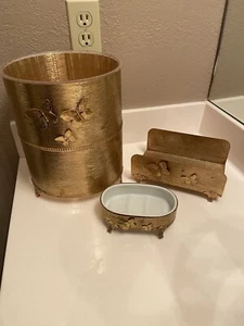 Vintage gold butterflies brass bathroom 3pc set trash can towel holder soap dish - Picture 1 of 13