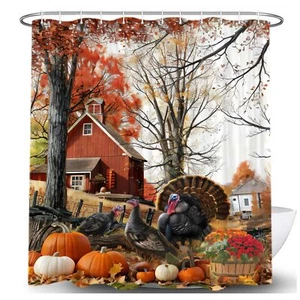 Thanksgiving Day Fall Shower Curtain for Bathroom Rustic Autumn Farm Turkey P... - Picture 1 of 7
