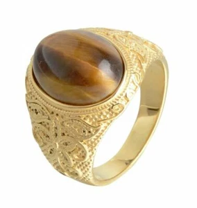 18K GOLD EP TIGER EYE OVAL CUT MENS DRESS RING SIZE 7-13 cat eye tiger's eye - Picture 1 of 3
