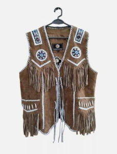 Men Native Style Western Cowboy suede Leather vest  Fringe & Beaded - Picture 1 of 3