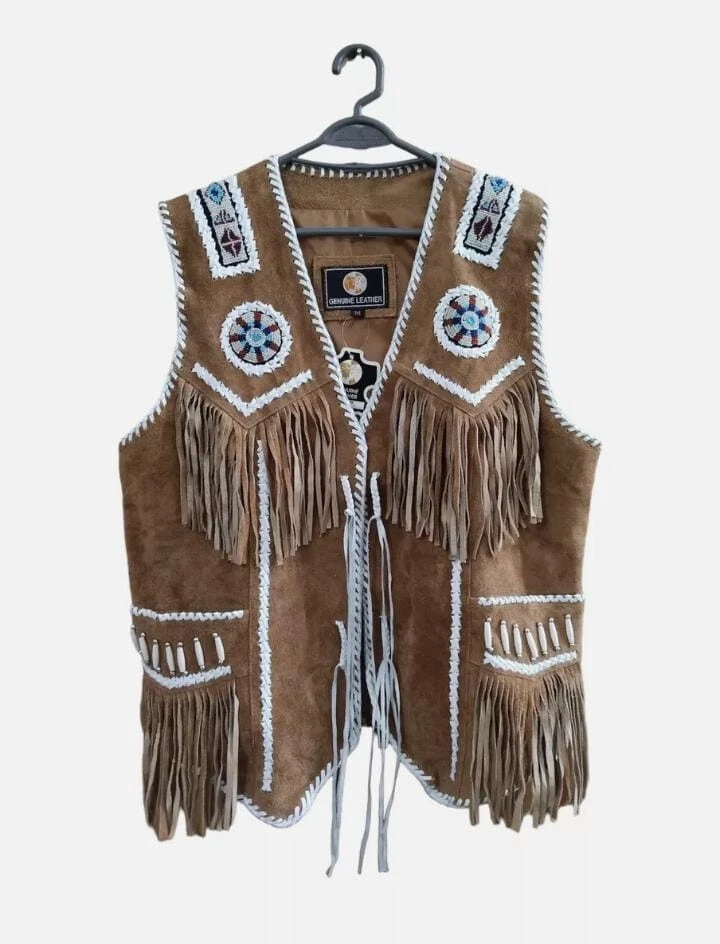 Men Native Style Western Cowboy suede Leather vest  Fringe & Beaded - Image 1 of 3
