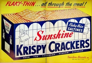 1949 Sunshine Krispy Crackers 2-Page Centerfold Print Ad Flaky Thin Saltines - Picture 1 of 3