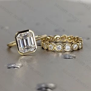 2,50 kt Smaragdschliff Moissanit Braut Set Verlobungsring 14 kt Gelbgold plattiert - Bild 1 von 12