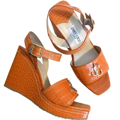 Sandalias de cuña Jimmy Choo Croc de cuero naranja en relieve con logotipo 40 AJUSTES 9/9,5 Foto 1 de 4