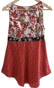 CAbi Red Floral Butterfly Silk Empire Waist Tie Back Tunic Tank Blouse Y2K Sz M - Picture 1 of 7