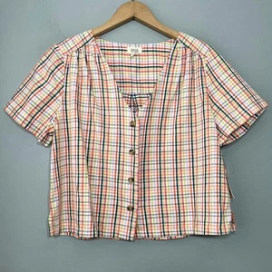 Gingham Plaid Cropped Top Size Petite Medium Button Up Cotton Country Preppy - Picture 1 of 9