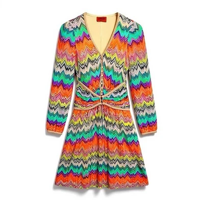 Vestido Missoni Italia Multicolor Zigzag Tejido Manga Larga Rayón Seda Forrado Pequeño Foto 1 de 4