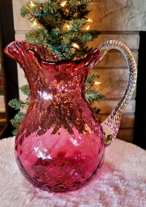 Vintage Pilgrim Glass Pitcher Cranberry Hand-Blown Glass w Clear Applied Handle - Picture 1 of 24