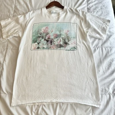 Винтажная садовая рубашка 90-х с цветочным рисунком L Judy Buswell Art одинарный шов графика Y2K - Изображение 1 из 4