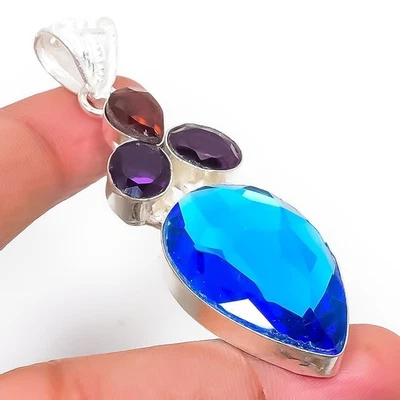 Colgante De Joyería De Plata De Ley 925 Con Topacio Azul Suizo Y Amatista 2.56" - Imagen 1 de 4