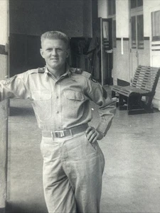 Vintage Photo Military Man In Uniform Posing By Benches 3x4.5” BW - Picture 1 of 3
