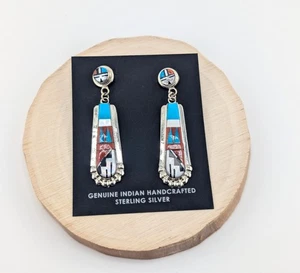 Handgefertigte Zuni Multi Stein Inlay Türkis Ohrhänger Indianerschmuck - Bild 1 von 11