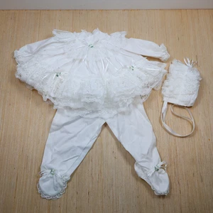 4 Stück Baby Puppenkleid Unterrock Haube & Fuß Unterhose Spitzenbänder WEISS (a) - Bild 1 von 16